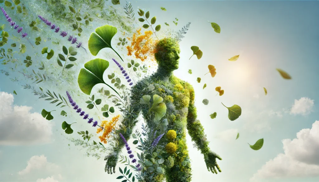An artistic silhouette formed from green herbal textures surrounded by ginkgo leaves, lavender, and tulsi, visually expressing focus and cognitive support through nature.
