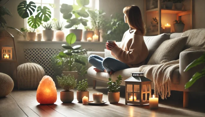 A serene indoor space with a young adult sitting cross-legged on a cozy couch, sipping herbal tea, surrounded by houseplants, candles, and a Himalayan salt lamp in soft natural light.