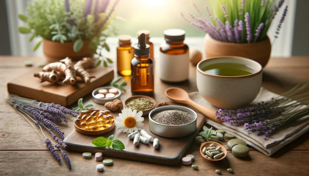 A calming flat lay of natural anxiety remedies on a wooden table, including omega-3 capsules, magnesium tablets, chamomile flowers, lavender oil, and a cup of green tea, with soft lighting and greenery in the background.