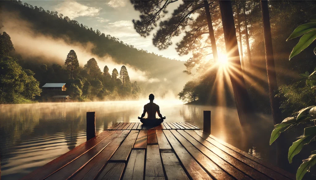A tranquil lakeside scene at sunrise with a person seated in meditation on a wooden deck, surrounded by mist, a peaceful lake, and forest, symbolizing mindfulness and emotional balance.