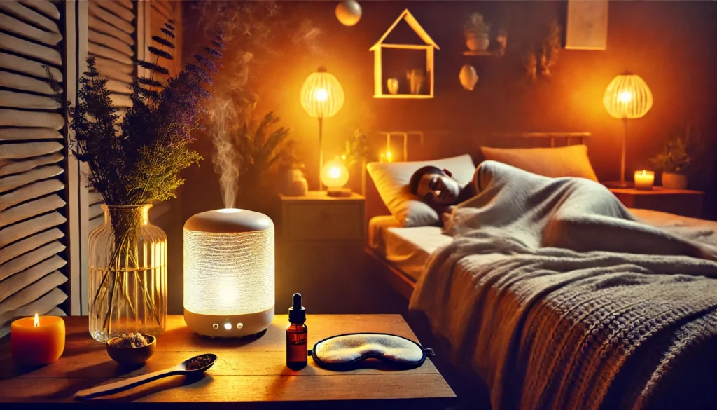 A cozy nighttime bedroom with a person peacefully asleep under soft blankets, a diffuser emitting essential oils, and natural sleep aids like valerian root and a sleep mask on the nightstand.