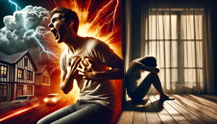 Split-screen visual comparing a person experiencing a sudden panic attack in a bright room with another individual showing signs of an anxiety attack in a dimly lit, isolated space.