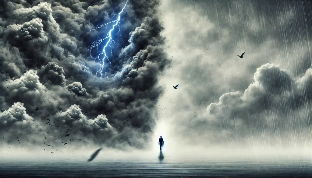 Conceptual landscape transitioning from a violent storm with lightning to a quiet, foggy path, symbolizing the contrast between panic attacks and generalized anxiety.