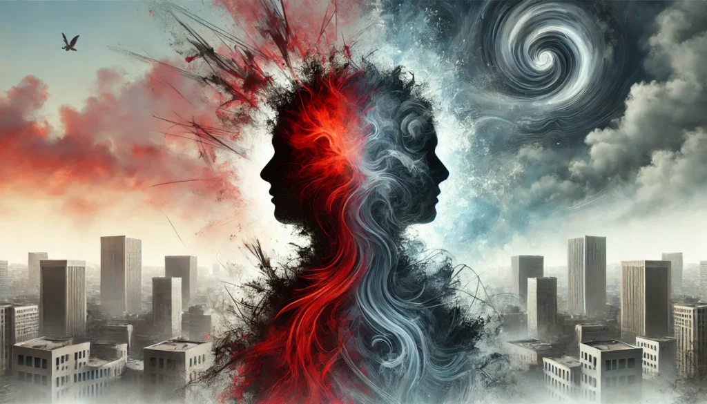 Abstract silhouettes of two people, one surrounded by sharp red energy waves representing a panic attack, and the other immersed in swirling blue fog symbolizing anxiety.