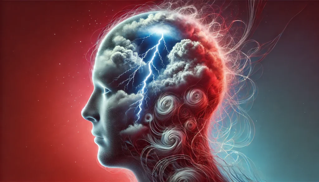 Surreal human head with half the brain engulfed in a thunderstorm representing panic, and the other half filled with tangled clouds symbolizing ongoing anxiety.
