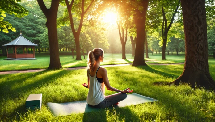 Adult woman practicing yoga in a peaceful park during sunrise, seated in a meditation pose on a yoga mat surrounded by greenery—symbolizing mindfulness and stress relief through physical exercise.