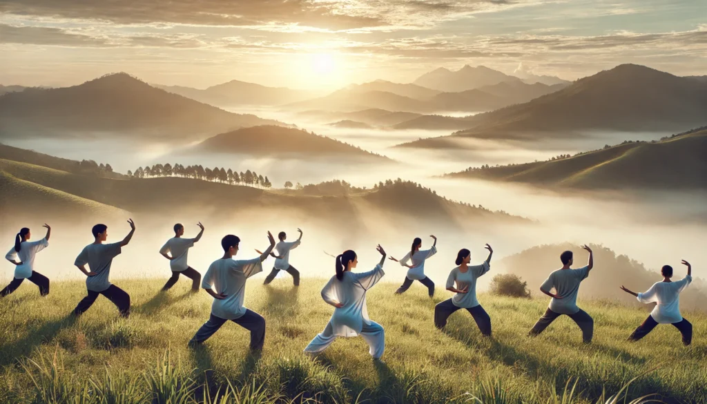 Group of adults performing tai chi on a misty hilltop at sunrise, illustrating slow, intentional movement practices known to alleviate stress and improve emotional balance.