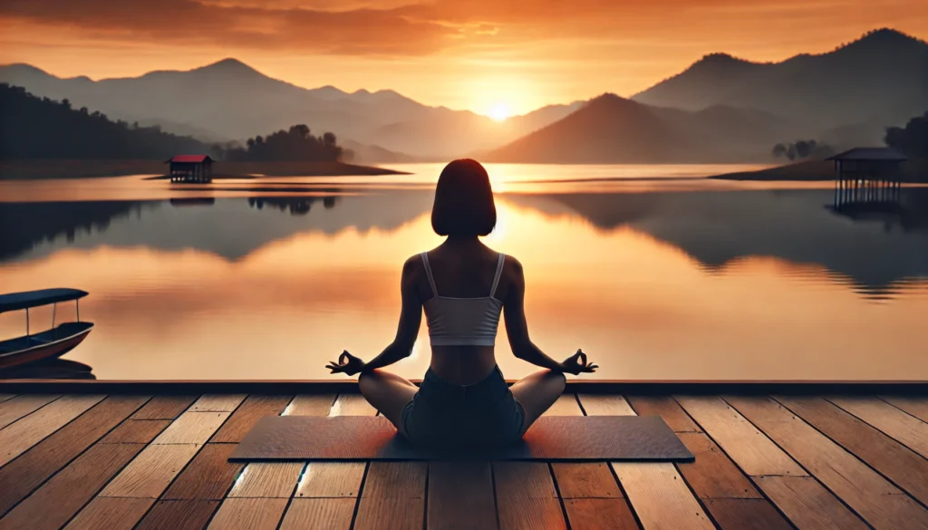 Adult woman doing deep breathing exercises on a wooden deck overlooking a serene lake at sunset—depicting breathwork as a science-backed method to relieve anxiety and support mental clarity.