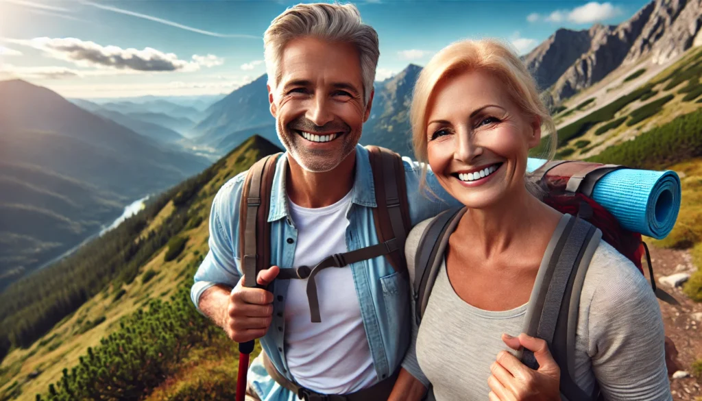 Adult man and woman hiking together on a scenic mountain trail under a clear blue sky, surrounded by panoramic nature views—highlighting hiking as a powerful, science-supported way to reduce stress and enhance emotional well-being.