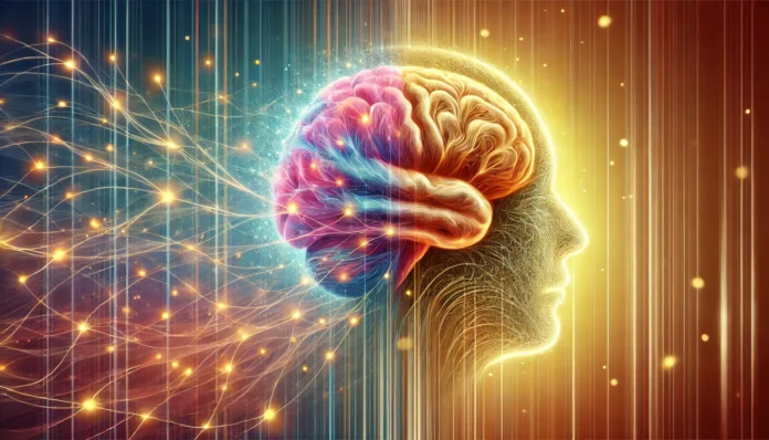 A surreal illustration depicting an aging brain transitioning over time, with one side appearing youthful and vibrant while the other fades into fragility. A golden light flows through neural pathways, symbolizing longevity and cognitive health against the backdrop of time’s passage.