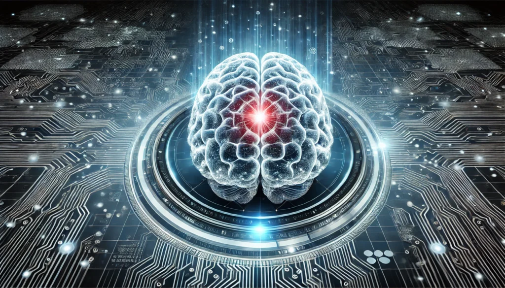 A futuristic visualization of human cognition, showing a digital brain merging with advanced neural technology. The glowing holographic interface around the brain represents the integration of artificial intelligence and neuroscience for enhanced cognitive longevity, set against a cybernetic landscape.