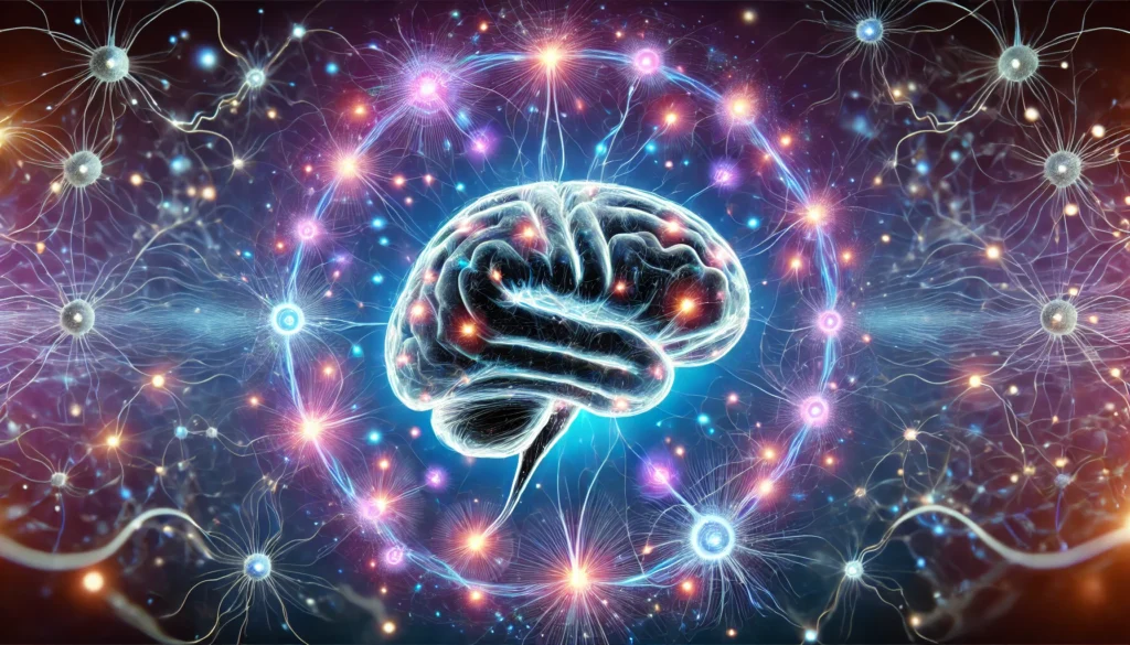 A scientific visualization of a human brain surrounded by glowing synapses and electrical impulses, representing cognitive function and neuroplasticity. The background features a deep blue and purple gradient, illustrating the brain’s dynamic ability to adapt and change over time, with neural connections pulsating with energy.