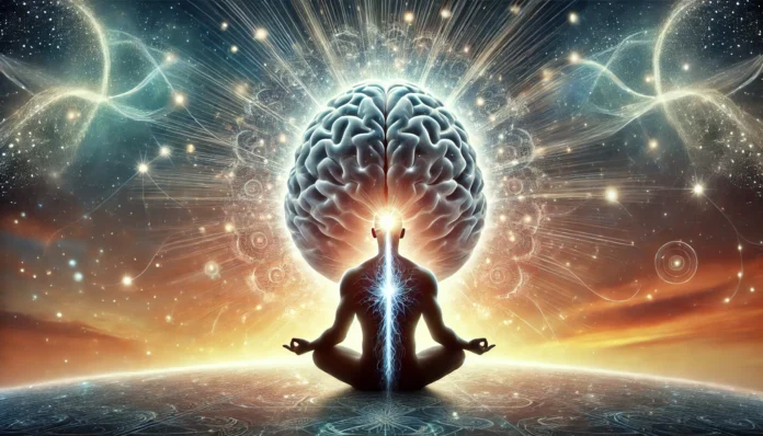 A meditative figure in silhouette, with an illuminated brain radiating energy waves, symbolizing cognitive growth and increased brain activity. The expanding neural pathways represent enhanced neuroplasticity, set against a cosmic and natural background.