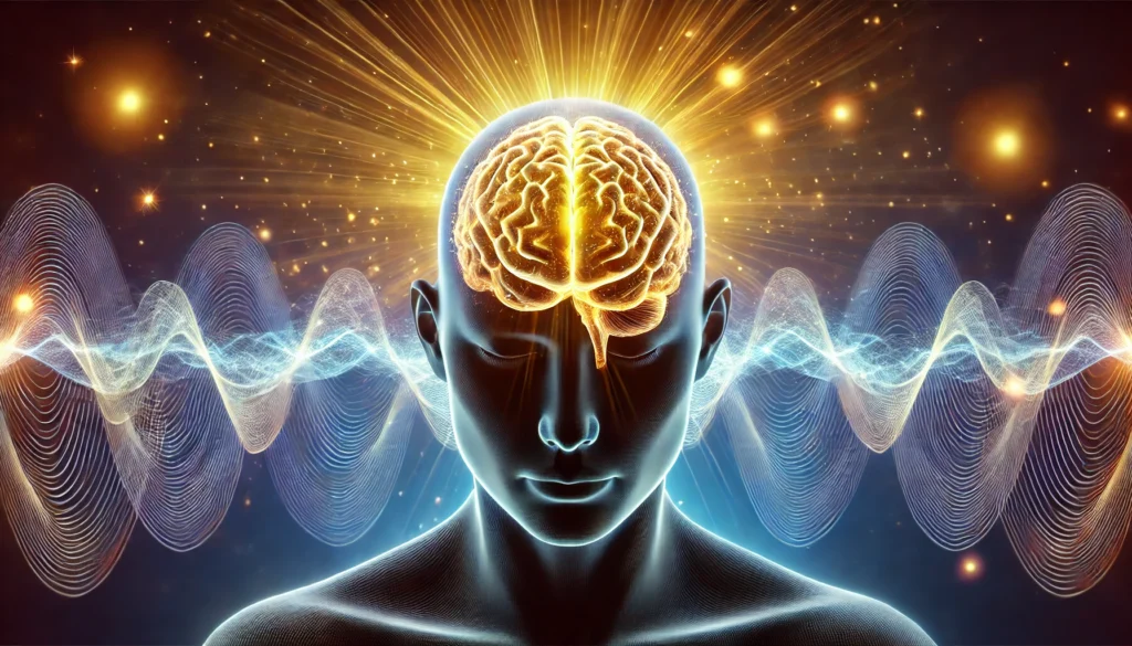 A glowing human brain with active neural connections, surrounded by energy waves representing meditation’s impact on cognition. The background blends deep blue and gold hues, symbolizing mindfulness and enhanced mental clarity.