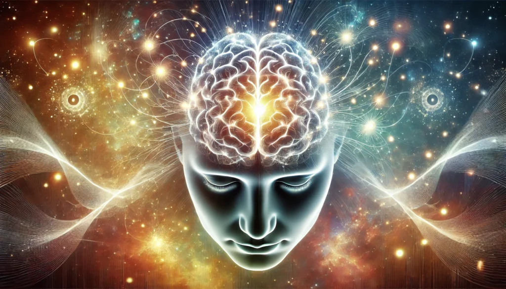An artistic depiction of a human brain with glowing neural pathways, symbolizing the cognitive benefits of meditation. The cosmic background and soft energy glow represent heightened awareness and mental clarity.
