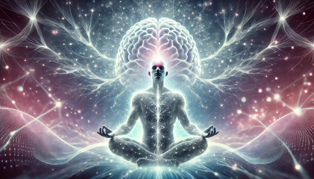 A meditative figure enveloped in a glowing aura, with neural networks extending from the brain to represent expanded consciousness. The ethereal background and abstract energy patterns symbolize the transformative effects of meditation on brain function.