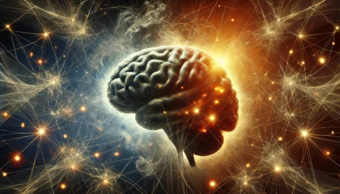 A dramatic representation of a human brain entangled in a web of neural connections, with some glowing brightly while others fade into darkness. The contrast symbolizes the cognitive impact of mental illness, while mist weaving through the network represents confusion and emotional distress. The background transitions from deep blue to warm gold, evoking a balance between struggle and hope.