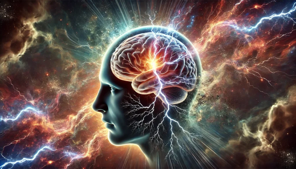 An artistic visualization of a human head with a transparent skull, revealing a glowing yet fractured brain. The fractures emit faint light, symbolizing the balance between neurological damage and potential healing. Dark clouds swirl around the brain, merging with vibrant energy streaks to illustrate the tension between mental distress and recovery.