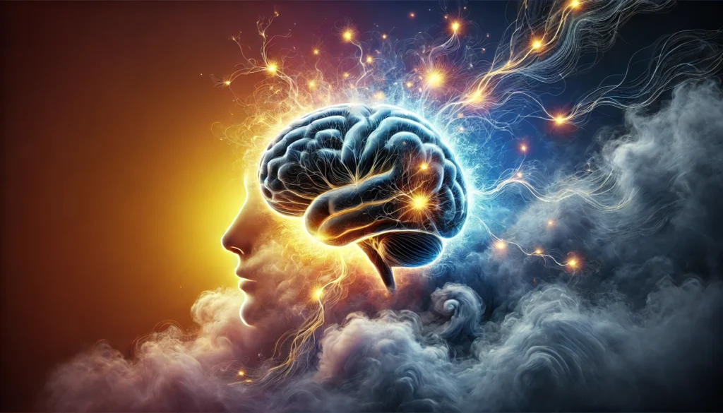 A conceptual artwork of a human brain emerging from a swirling mist, with glowing neural connections intertwining. Some connections appear severed, symbolizing cognitive struggles due to mental illness. The mist represents emotional turmoil and uncertainty, while the background transitions from deep indigo to golden light, illustrating the path from distress to recovery.