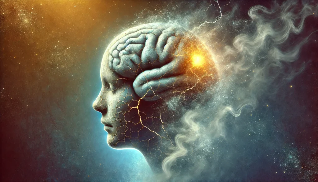 A surreal depiction of a human brain encased in delicate, cracked glass, symbolizing the fragility of mental health. The cracks spread unevenly, with some areas softly glowing to represent resilience and recovery. Wisps of mist swirl around the brain, illustrating emotional distress and cognitive challenges. The background transitions from deep blue to soft gold, signifying the journey from struggle to healing.