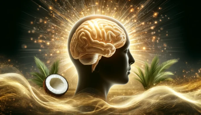 Conceptual image of an illuminated human brain with golden light, surrounded by subtle neuron waves and coconut trees, symbolizing enhanced brain function through natural means.