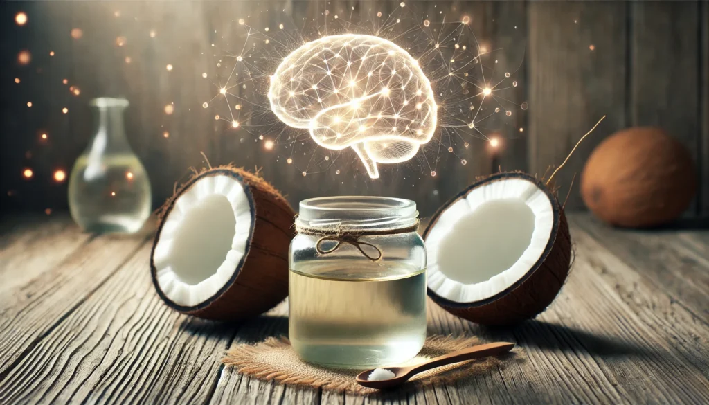 Glass jar of coconut oil with fresh coconuts on a rustic table, set against a backdrop featuring a glowing neural network blended into nature, representing the fusion of nutrition and cognitive wellness.