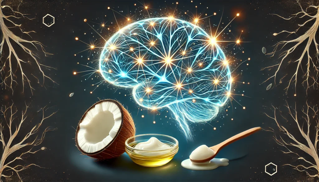Artistic rendering of neural pathways firing inside a brain, softly merging with coconut shells and oil imagery, highlighting the potential influence of coconut oil on cognitive activity.