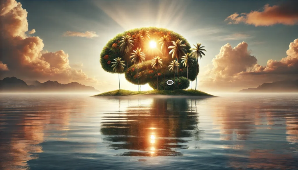 Peaceful natural landscape at sunset with a brain-shaped formation made from coconut palms and shimmering water, illustrating the relationship between coconut oil and healthy aging of the brain.