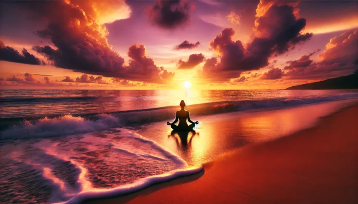A person sitting in a lotus pose on a peaceful beach at sunset, meditating as gentle waves touch the shore. The warm hues of the sky and tranquil surroundings reflect deep relaxation, emotional harmony, and mindfulness in nature.