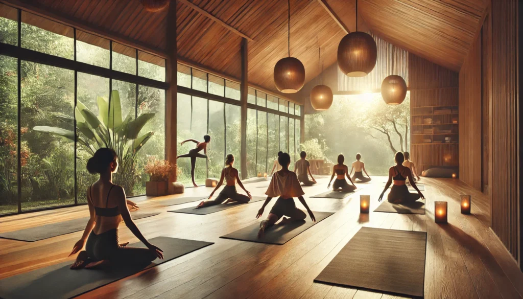 A peaceful indoor yoga studio with wooden floors and soft natural lighting, where a group practices gentle yoga poses. Large windows reveal lush greenery outside, creating a serene environment focused on mindfulness, relaxation, and emotional well-being.
