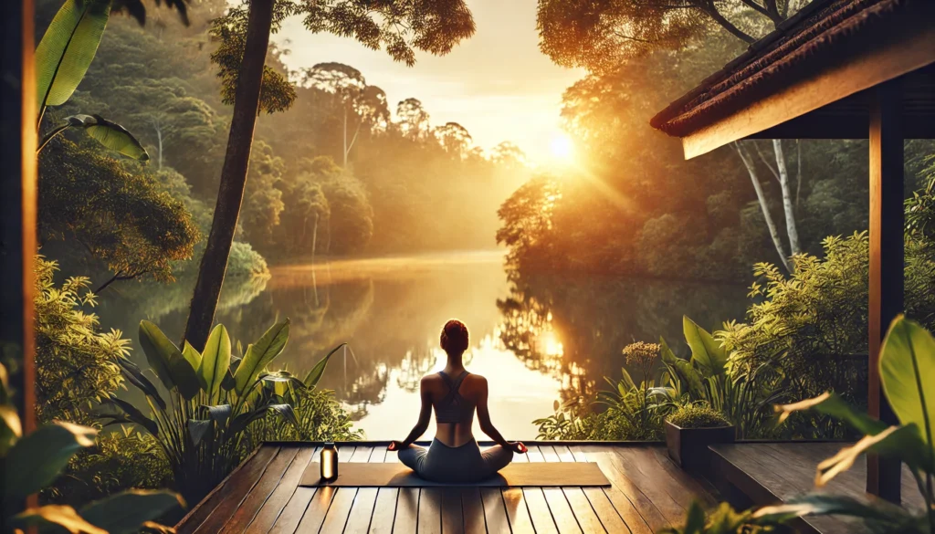 A woman practicing yoga in a meditative pose on a wooden deck at sunrise, surrounded by lush greenery and a calm lake reflecting golden hues. The peaceful atmosphere represents mental clarity, relaxation, and emotional well-being.