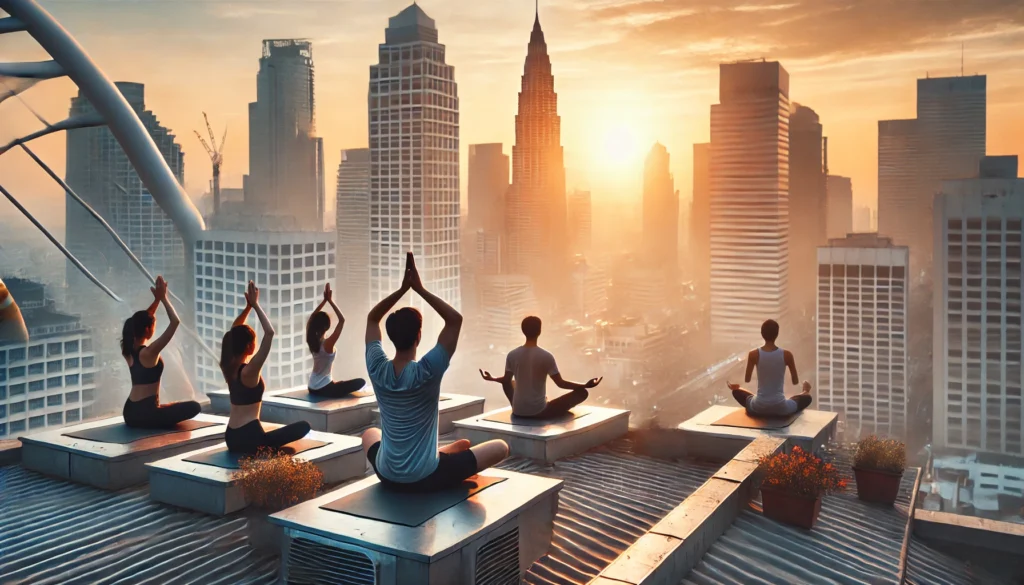 A group of people practicing yoga on a rooftop at sunrise, with the city skyline in the background. The blend of urban life and mindfulness creates a harmonious setting that reflects balance, mental focus, and emotional well-being.