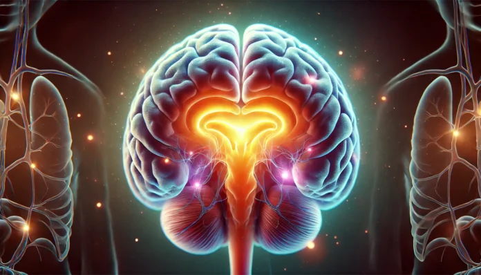 Detailed anatomical illustration of the human brain with the hypothalamus highlighted, showing its central role in regulating hunger, thirst, and temperature control.