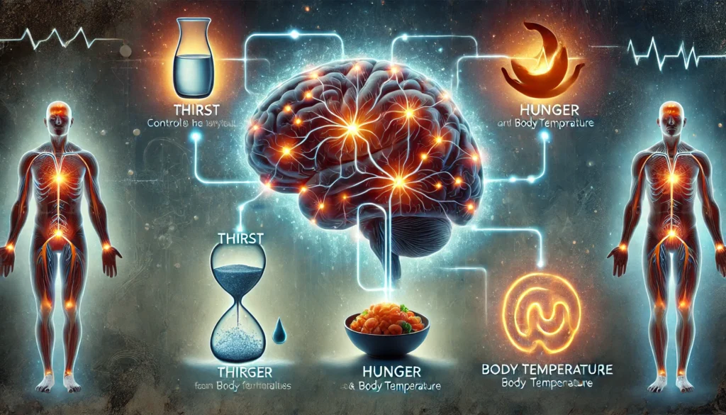 Abstract digital art showing the hypothalamus with glowing neural pathways linking to symbolic icons for food, water, and body heat, representing its control over essential survival functions.