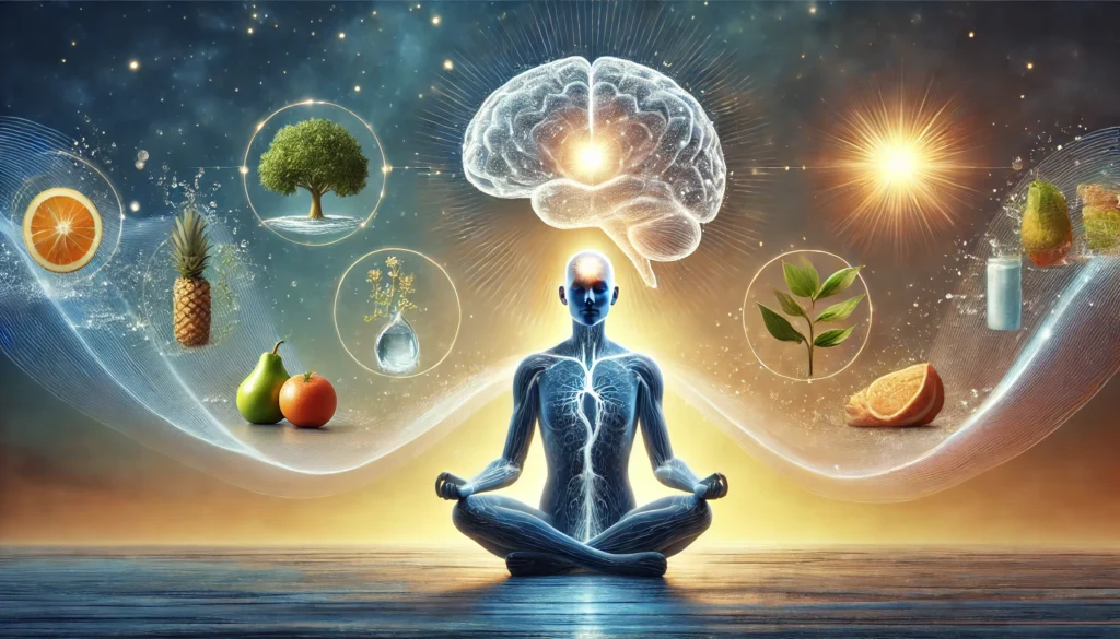 Stylized human figure in meditation with an illuminated brain highlighting the hypothalamus, surrounded by natural elements representing balance, hydration, nourishment, and warmth for cognitive health.