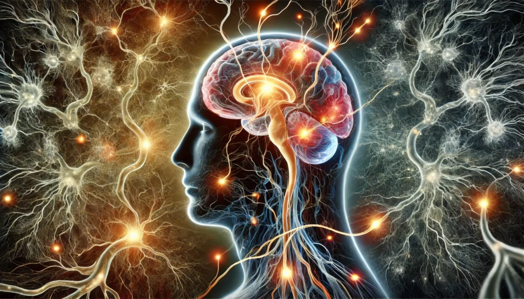 Dramatic artistic rendering of the brain-body connection with glowing nerves linking the hypothalamus to the digestive system, hydration, and thermoregulation, symbolizing its influence on longevity and wellness.