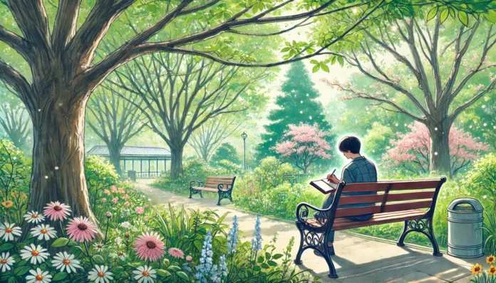 A serene park setting with a person sitting on a wooden bench, journaling in a notebook, surrounded by lush trees, blooming flowers, and a gentle breeze, fostering a calm and reflective atmosphere.