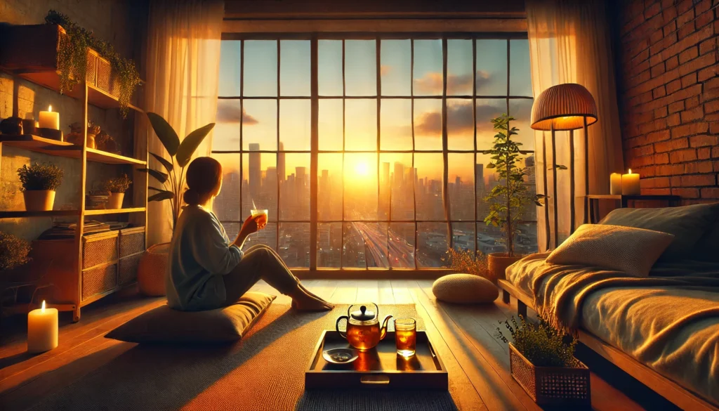 A cozy evening scene with a person sipping herbal tea by a large window, overlooking a city skyline at sunset, with warm lighting, soft cushions, and a peaceful ambiance promoting relaxation.