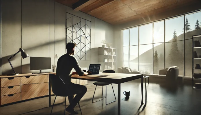 A bright, modern home office with a minimalist setup, where a person works with deep focus near a large window overlooking a peaceful landscape, fostering mental clarity and productivity.