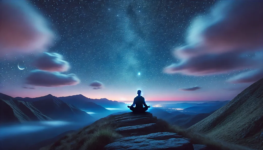 A serene night sky filled with stars over a mountain landscape, where a person sits cross-legged on a hilltop, embracing stillness, mindfulness, and cognitive rejuvenation.