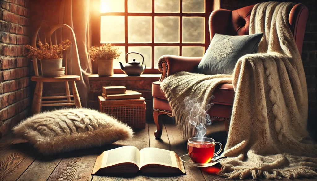 A cozy reading nook with a plush chair, a soft blanket, and a steaming cup of tea next to an open book, bathed in warm natural light, evoking relaxation and deep cognitive engagement.