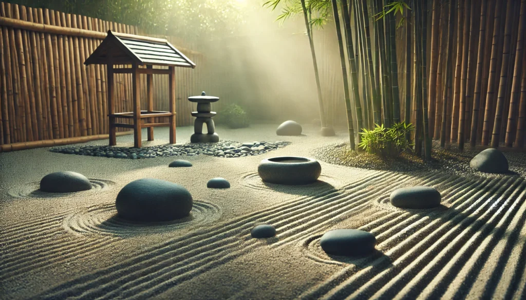 A serene Zen garden featuring neatly raked sand, smooth stones, and a small water fountain, surrounded by bamboo trees, symbolizing mindfulness and mental clarity.
