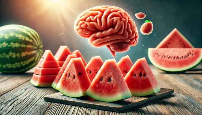 Fresh watermelon slices arranged on a rustic wooden table in soft morning light, with a blurred fruit-shaped brain in the background, symbolizing hydration and brain health.