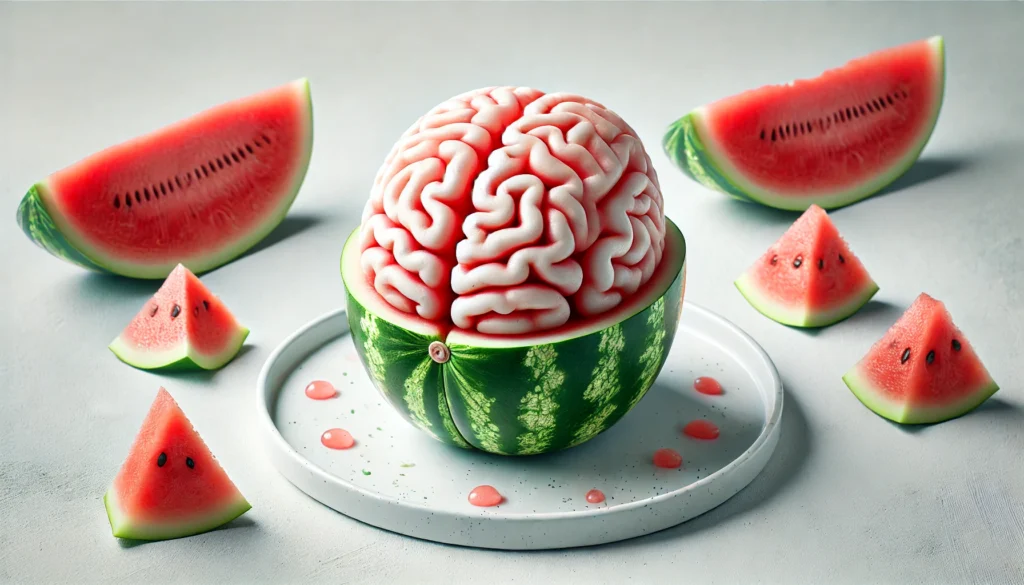 Artistic display of a human brain sculpted from watermelon flesh and rind on a clean white plate, surrounded by sliced watermelon, illustrating the link between fruit nutrition and cognitive function.