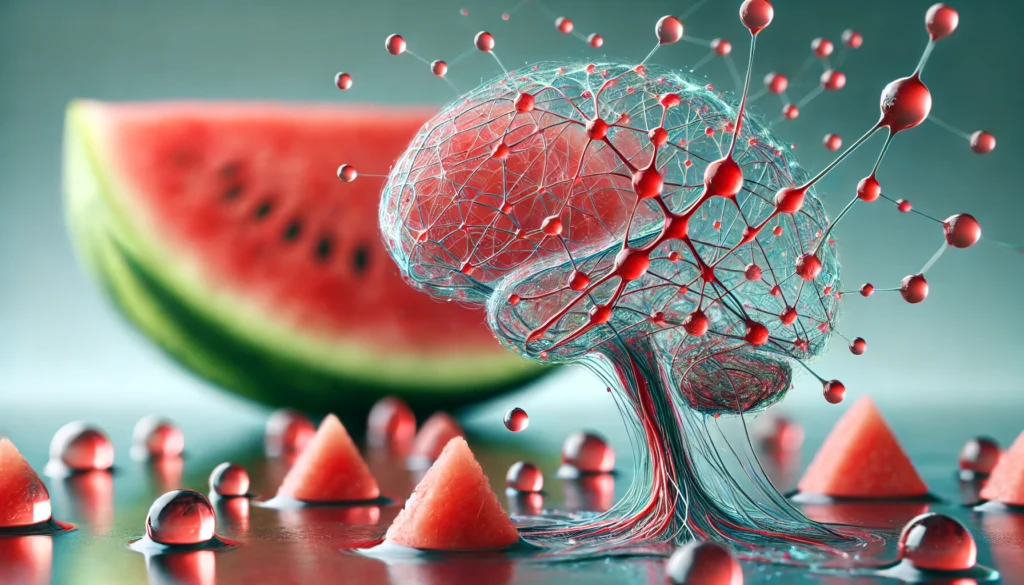Close-up view of watermelon juice forming abstract neural pathways on a glass surface, with a blurred watermelon in the background, representing the superfruit’s potential to support brain activity.