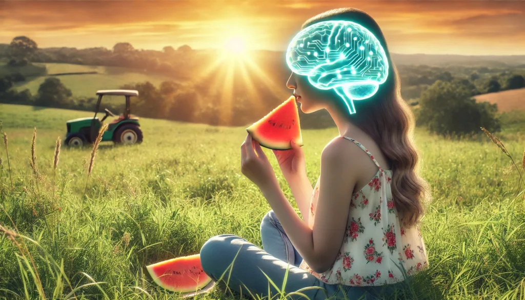 A woman enjoying watermelon in a sunny green field, with a glowing semi-transparent brain visualization above her head, symbolizing mental clarity, hydration, and cognitive wellness.