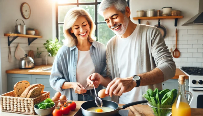 Healthy senior couple preparing eggs and vegetables in a sunlit kitchen, symbolizing cognitive support through balanced nutrition.