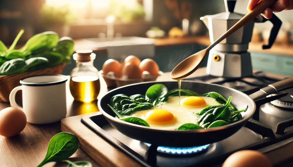 Close-up of eggs cooking with spinach in a skillet on a modern stove, illustrating nutrient-rich meal preparation for brain health