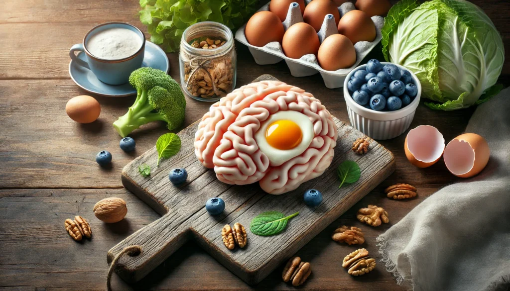 Artistic representation of a brain made from egg yolks and whites surrounded by healthy foods, conceptually linking eggs and brain health.