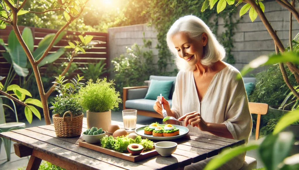 Elderly woman enjoying eggs and avocado toast in a garden setting, visually conveying cognitive vitality and wellness in aging